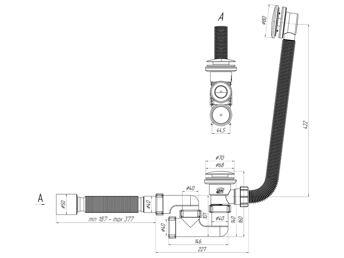 EC255G Сифон АНИ Пласт для ванны регулир. клик-клак выпуск автомат 1 1/2х40 перелив гофра 375х40/50