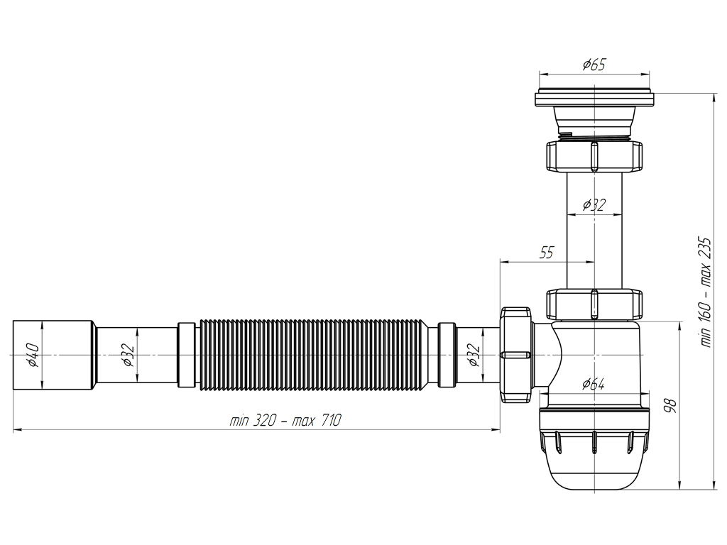 BM1015 Сифон АНИ Пласт для умывальника АНИ Юнг 1 1/4х32 гофра 32*32/40 малый корпус выпуск
